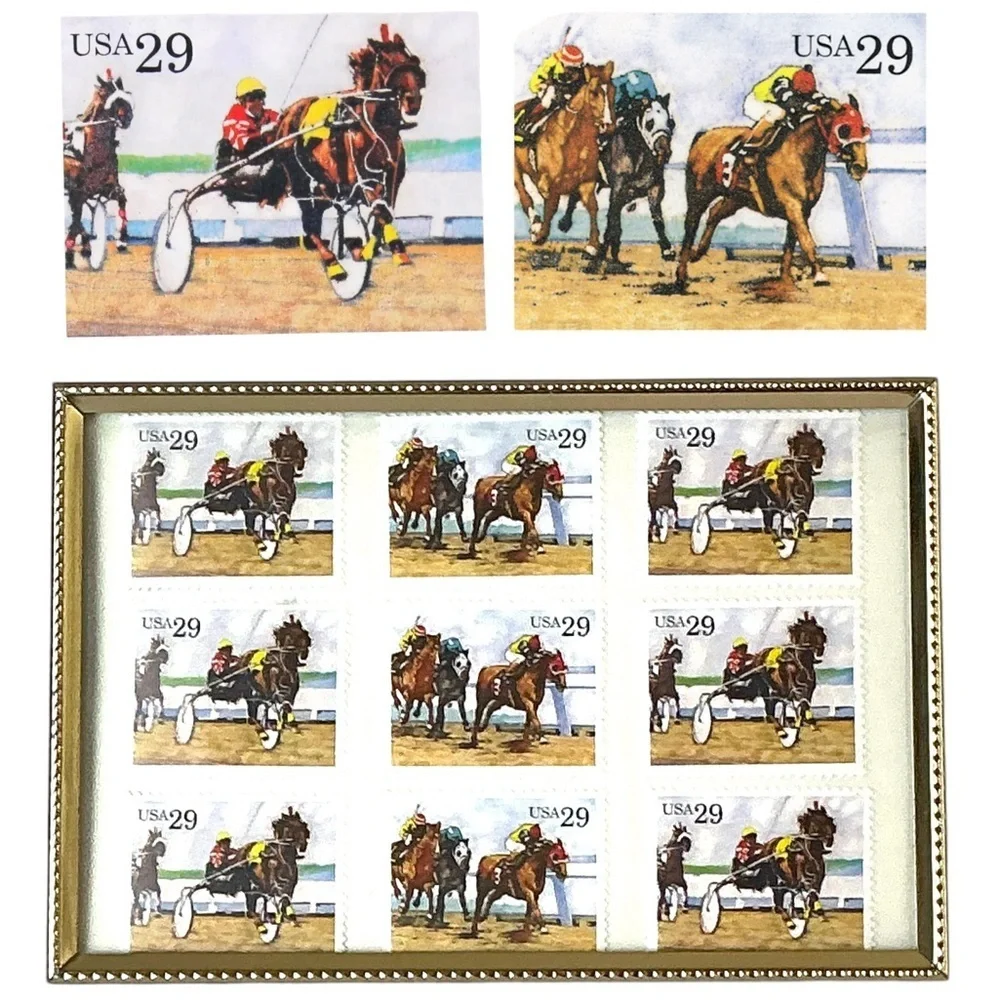 1993 Sporting Horses Harness Racing 29c Stamp Sheet of 9 in Gold Frame Stamp Art